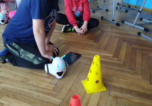 Chłopcy programują roboty.