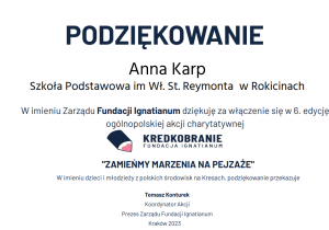 Podziękowanie dla szkolnego koordynatora akcji.