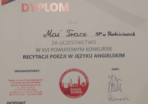 Dyplom dla Mai Tracz.
